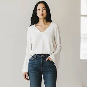 Jonathan Simkhai Blouse ivory white long bell sleeve lattice statement size 2